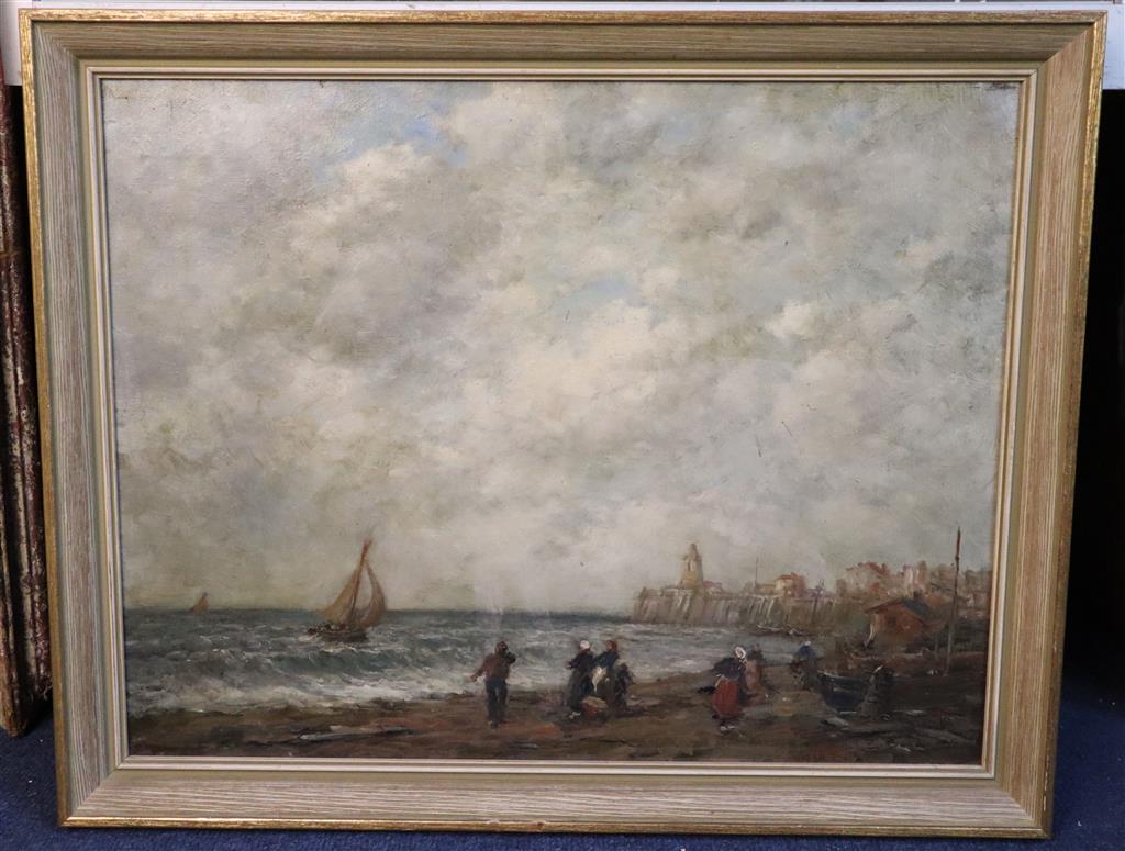 Attributed to Eugene Boudin (1824-1898) Fisherfolk along the Breton coast 13.5 x 17.5in.